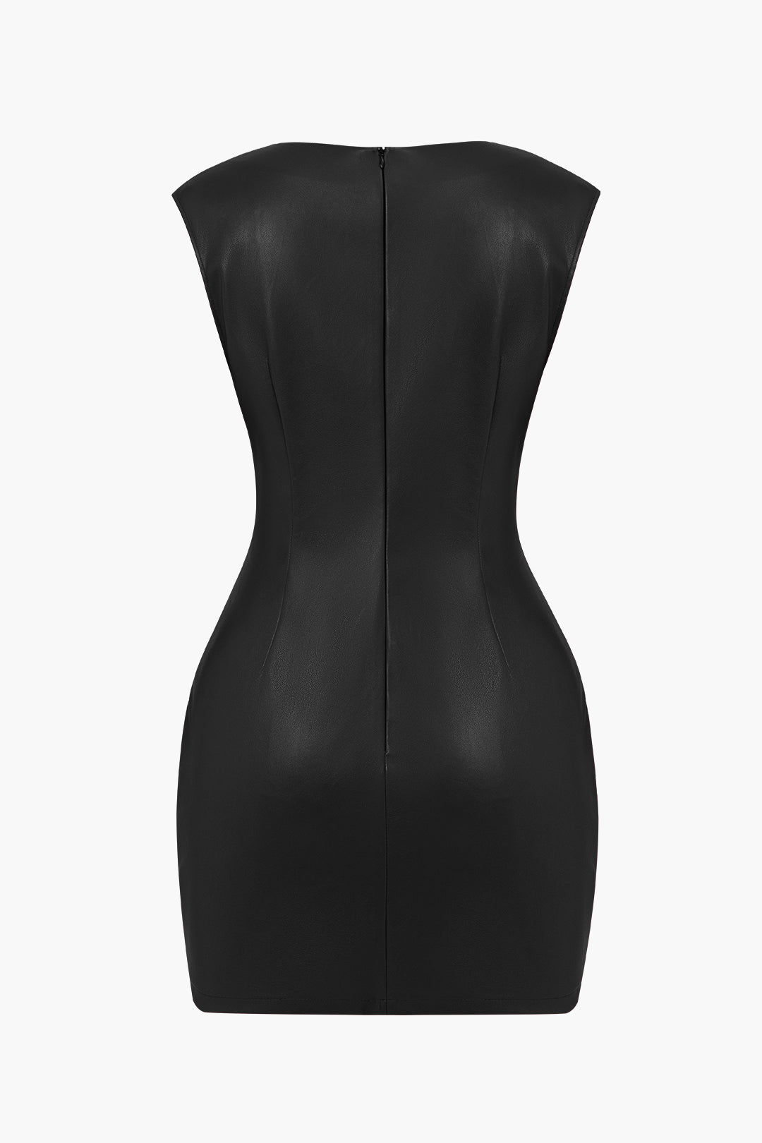 Ruched Faux Leather V-Neck Bodycon Mini Dress