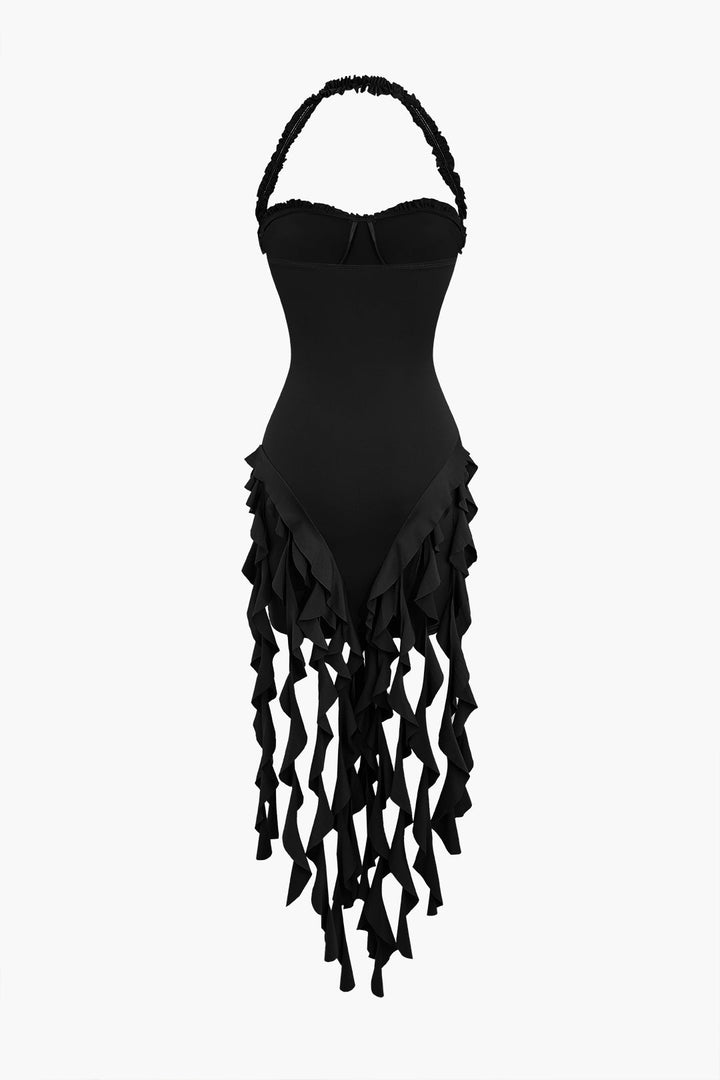 Ruffle Tassel Halter Bustier Mini Dress