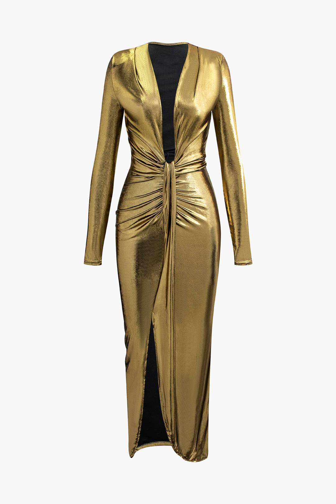 Metallic V-neck Ruched Slit Wrap Maxi Dress