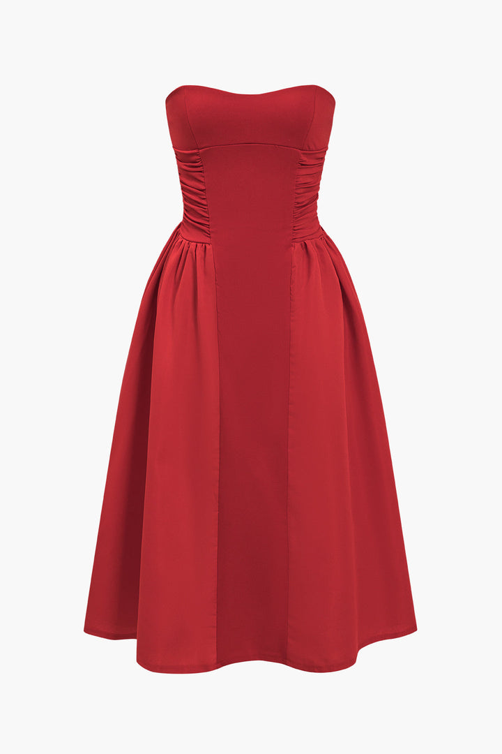 Solid Ruched Strapless Maxi Dress