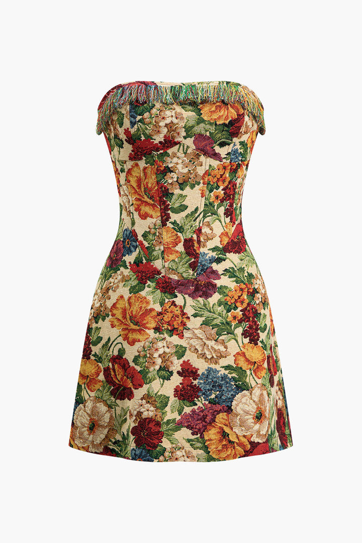 Floral Print Zipper Strapless Mini Dress