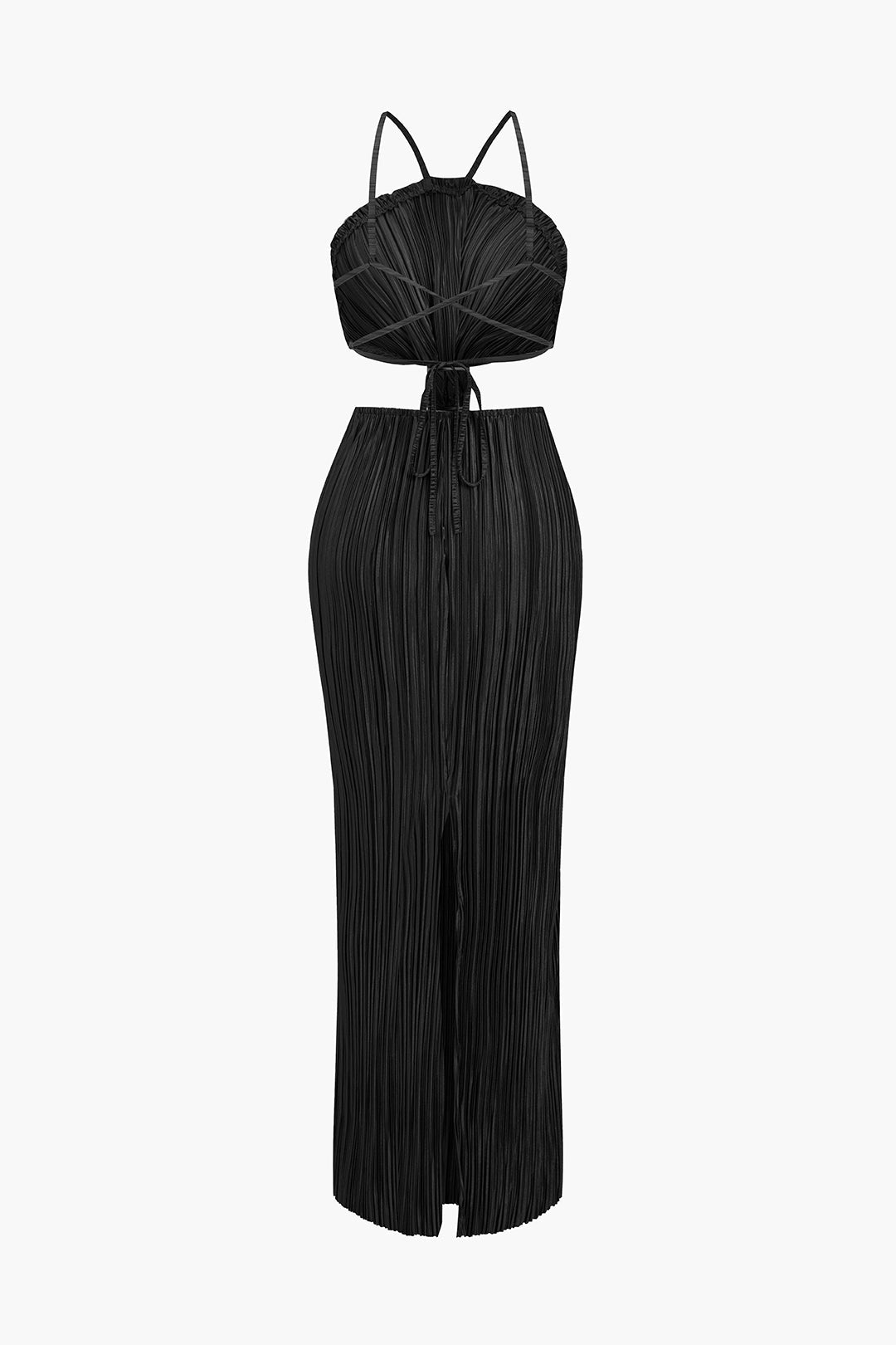 Solid Pleated Slit Maxi Dress