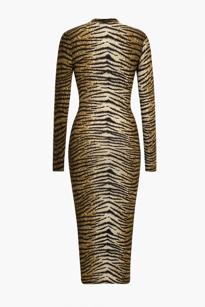 Leopard Print Long Sleeve Slim Midi Dress